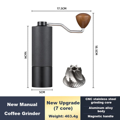 Portable stainless steel manual coffee grinder with conical burrs and adjustable settings for high-quality coffee grinding.