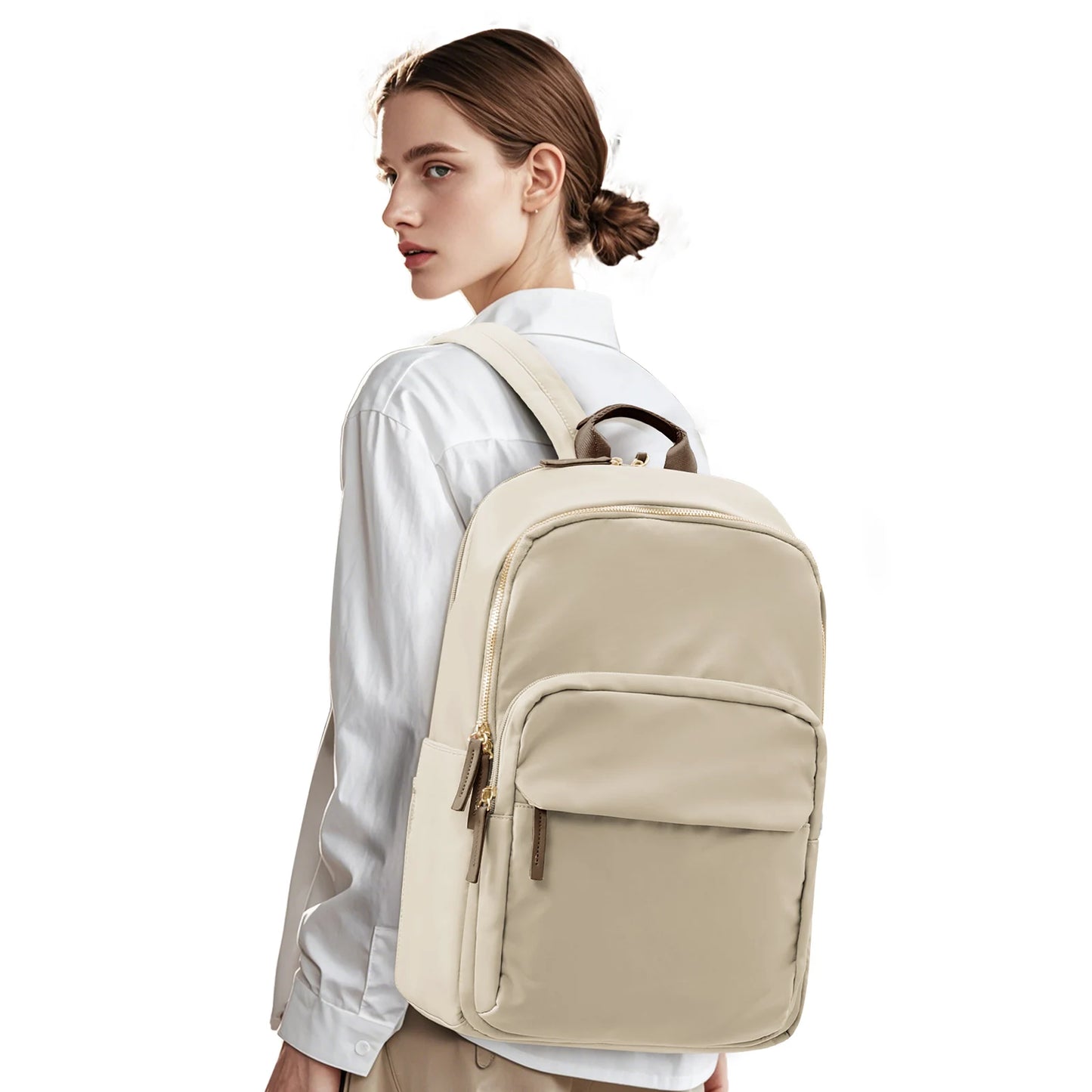 Black women's casual backpack by BackupMyFilesNow.com, with elegant theft-proof design, suitable for work, travel, and laptop carrying.