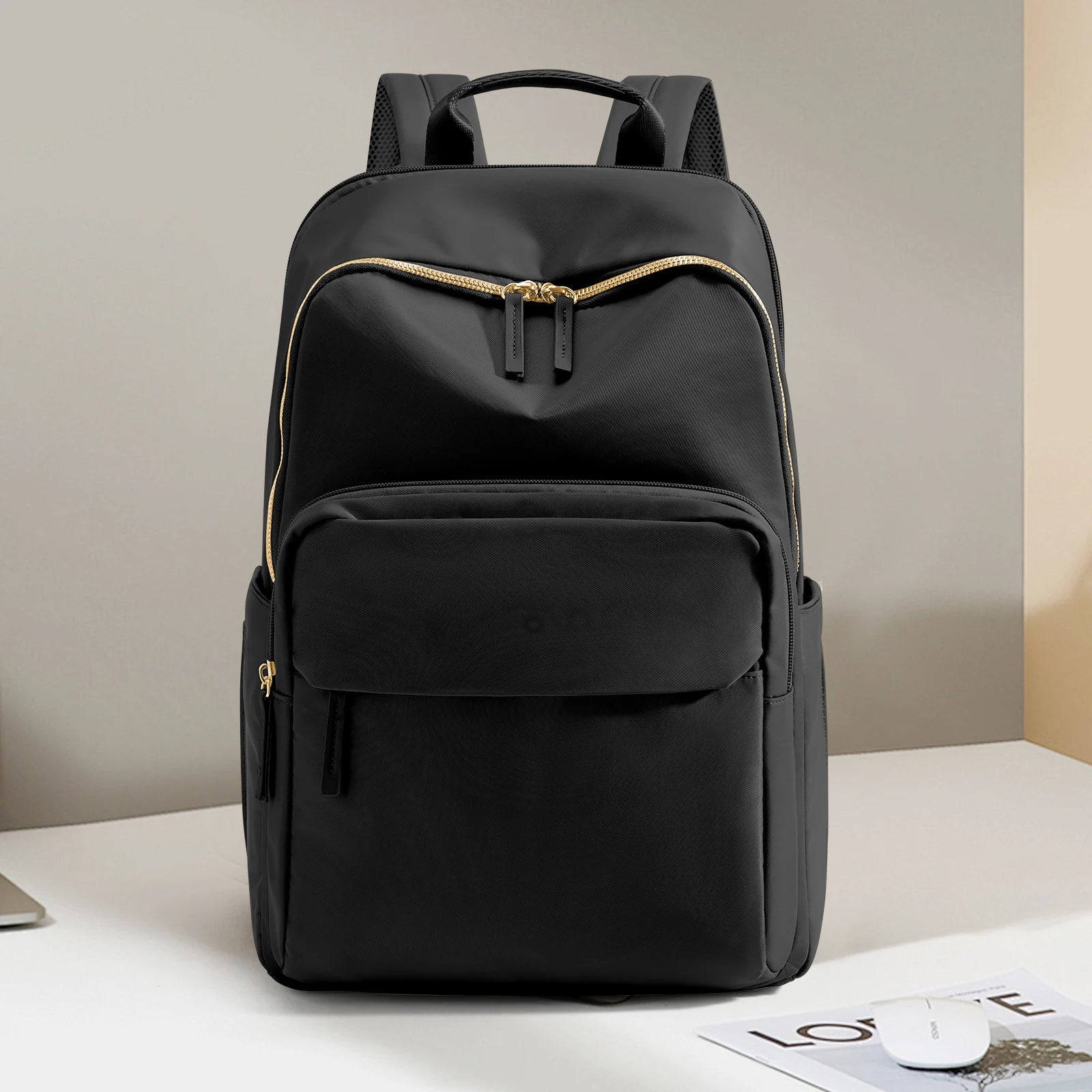 Elegant black women's backpack with theft-proof design, suitable for work, travel, and carrying laptops, by BackupMyFilesNow.com.