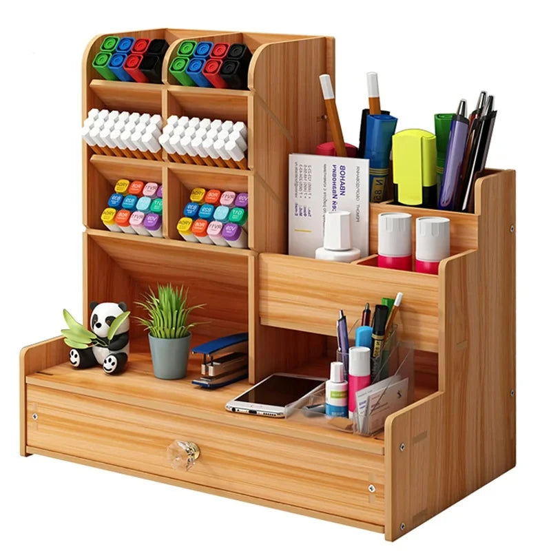 Wooden desk organiser with pen holder, large capacity stationery storage box, featuring a drawer for home, office, or school use.