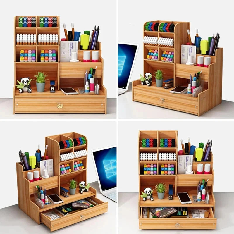 Black wooden desk organiser with drawer, DIY stationery storage box for pens, office supplies, and home or school use.