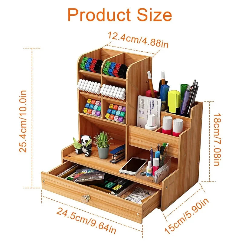 Wooden desk organiser DIY pen holder with large capacity, drawer, and stationery storage for home, office, or school use.