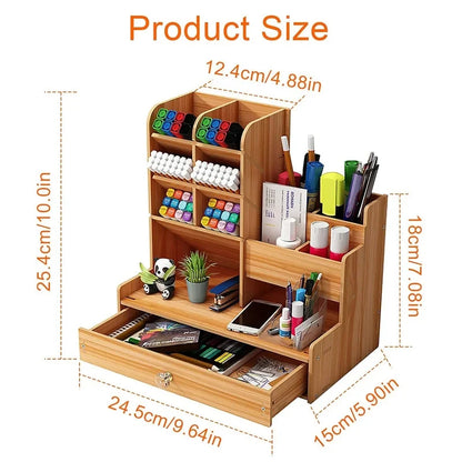 Wooden desk organiser DIY pen holder with large capacity, drawer, and stationery storage for home, office, or school use.