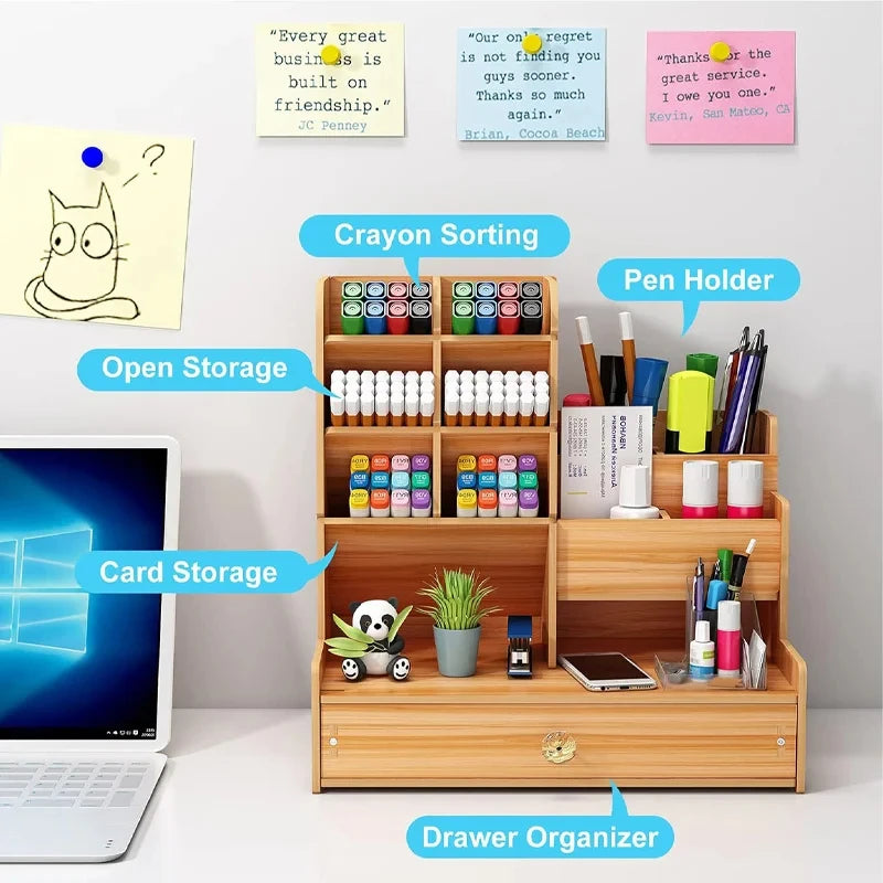 Wooden desk organiser pen holder with large capacity, drawer, and compartments for stationery storage in home office or school.