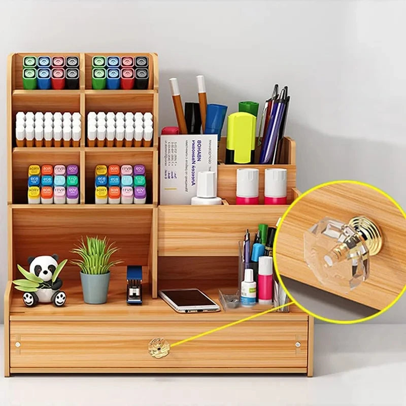 Wooden desk organiser with drawer, large capacity pen holder and stationery storage box for home, office, or school use.