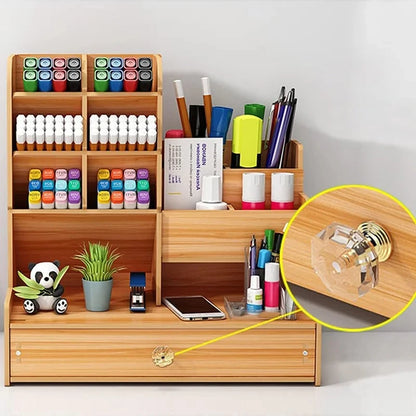 Wooden desk organiser with drawer, large capacity pen holder and stationery storage box for home, office, or school use.