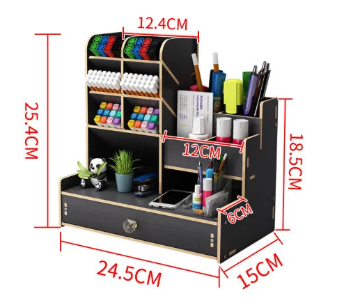 Wooden desk organiser with pen holder, large capacity stationery storage box, featuring a drawer for home, office, and school use.