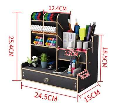 Wooden desk organiser with pen holder, large capacity stationery storage box, featuring a drawer for home, office, and school use.