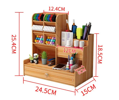 Wooden desk organiser by BackupMyFilesNow.com with pen holder, large capacity storage, and drawer for home, office, or school use.