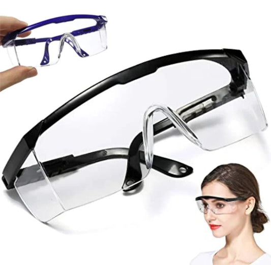 Black safety goggles with clear lenses, designed for lab work, anti-splash, dust-proof, windproof, and protective riding eyewear.