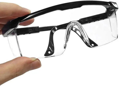 Black safety lab goggles with clear lenses, anti-splash, dust-proof, wind-resistant, and protective for work, safety, and riding.