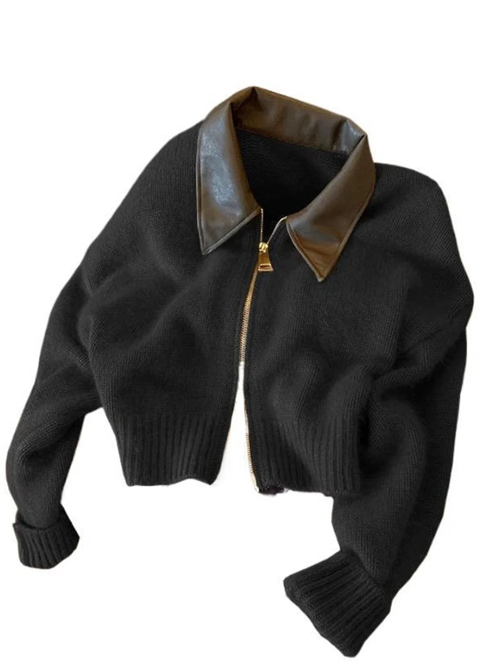 Black women's knitted cardigan sweater with long sleeves, turn collar, loose fit, suitable for autumn winter fashion.