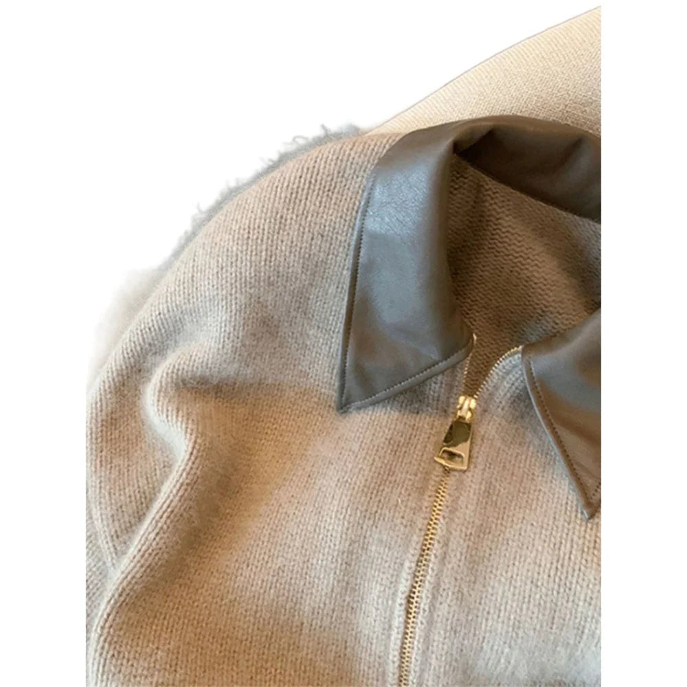Black women's knitted cardigan sweater with long sleeves, turn collar, and loose fit, suitable for autumn and winter fashion.