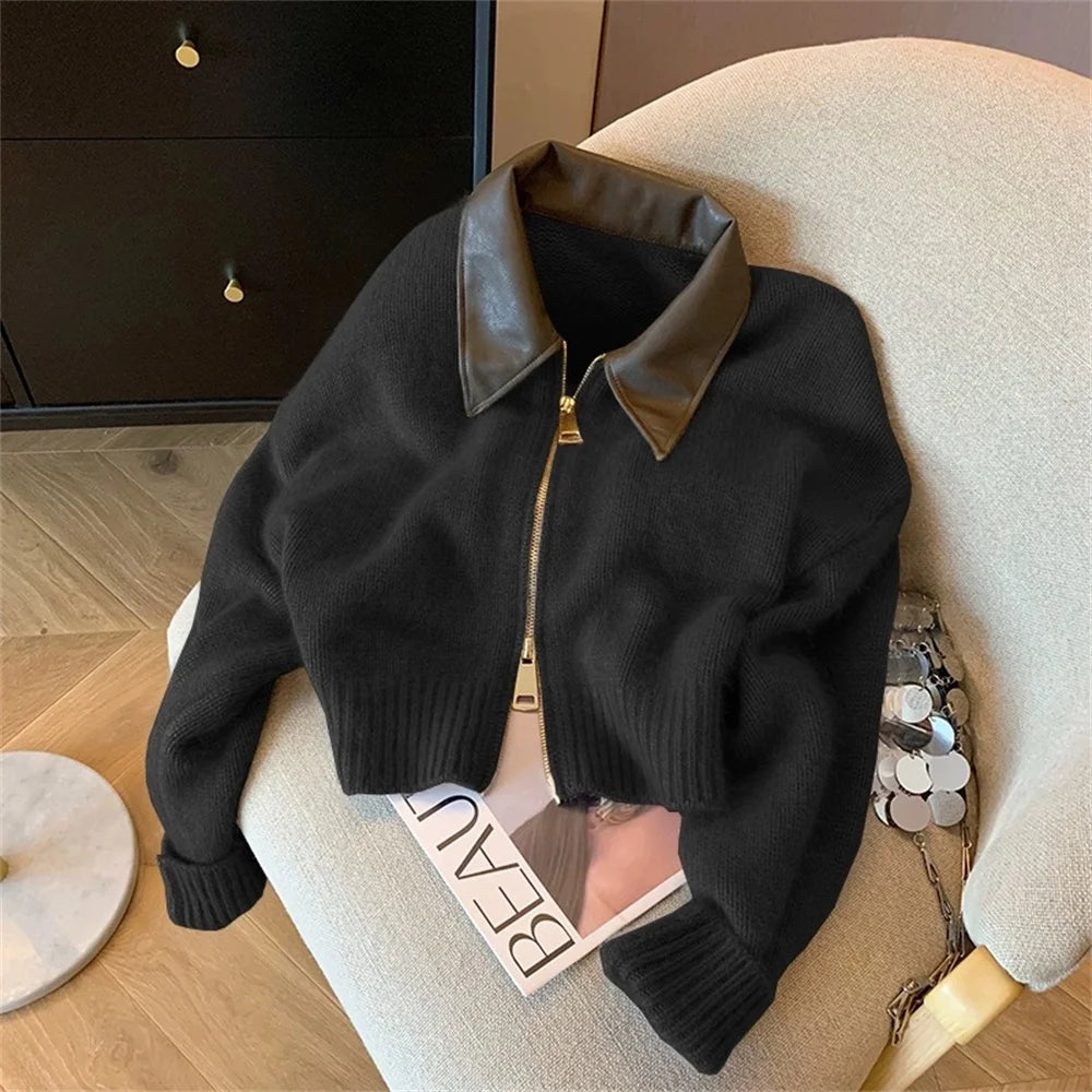 Black women's knitted cardigan sweater with long sleeves, turn collar, loose fit, suitable for autumn and winter fashion.