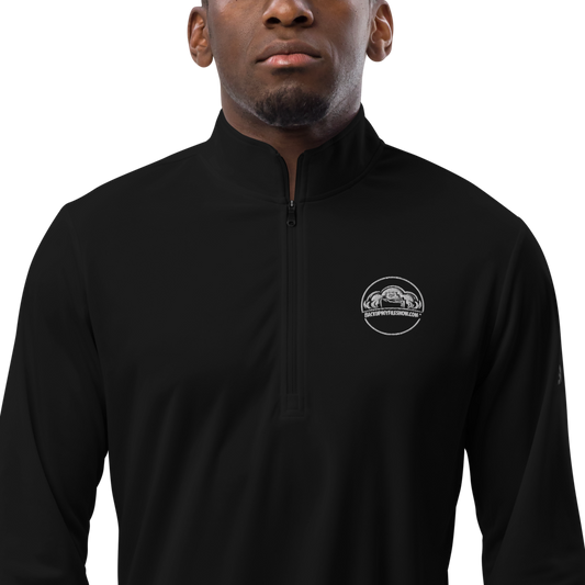 Black men's Adidas quarter-zip pullover with a high collar, shown on a mannequin, size XL, casual athletic style.