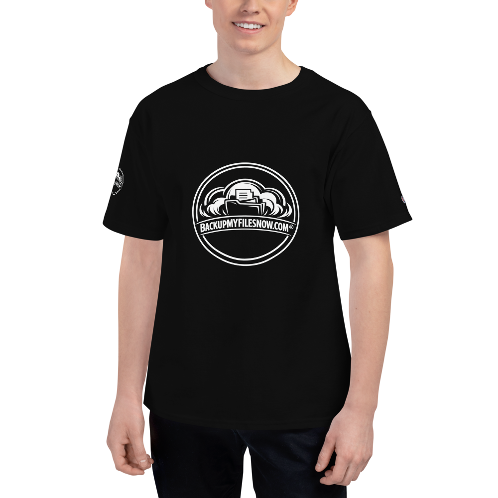 Black men's Champion Heritage T-shirt from BACKUPMYFILESNOW.COM®, featuring a classic fit and breathable cotton fabric.