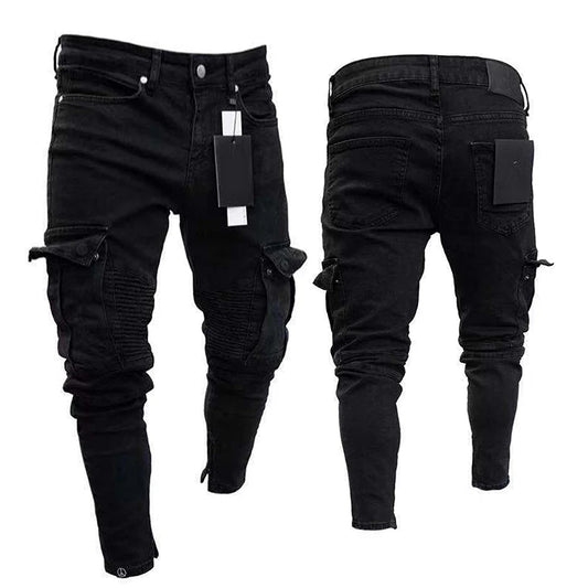 Men's stylish black cargo jeans with fit design and multiple pockets, perfect for spring and summer streetwear fashion.