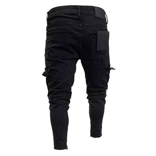 Men's stylish black cargo jeans with fit design and multiple pockets, ideal for spring and summer streetwear fashion.