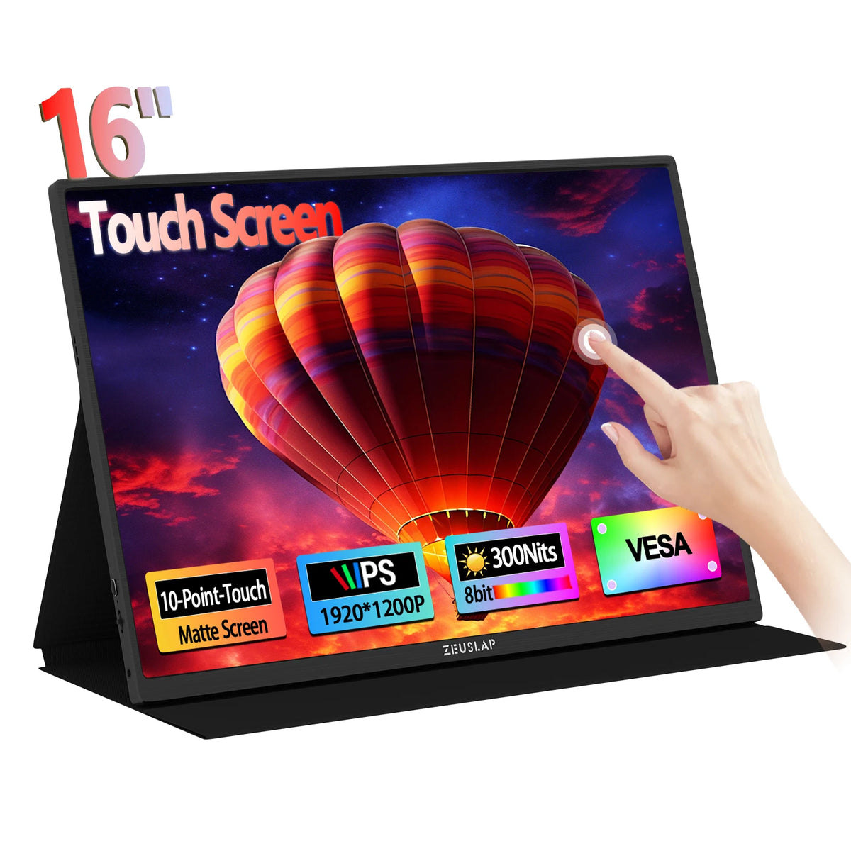 ZEUSLAP 16-inch portable touchscreen monitor with IPS display, 100% sRGB, 1200p resolution, compatible with Steam Deck, laptops, and gaming consoles