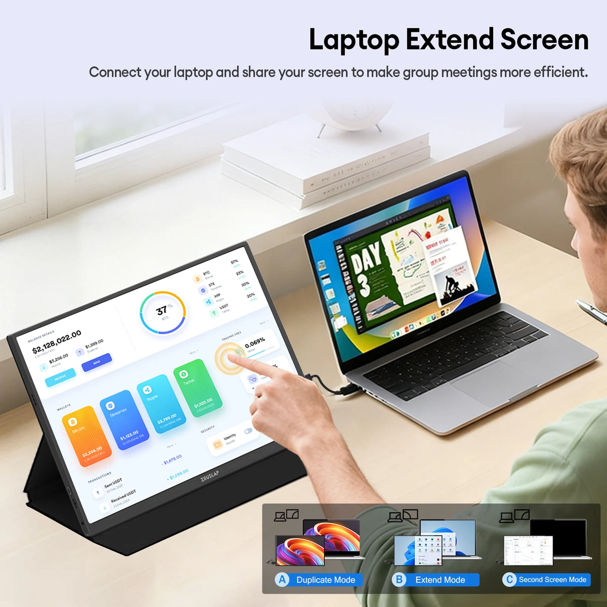 ZEUSLAP 16-inch portable touchscreen monitor with 1200p IPS display, 100% sRGB, ideal for Steam Deck, laptop, and gaming consoles.