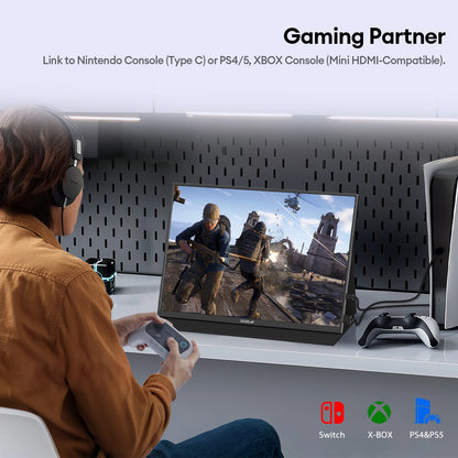 Black ZEUSLAP 16-inch portable touchscreen monitor with 1200P IPS display, 100% sRGB, compatible with Steam Deck, laptop, and gaming consoles.