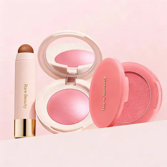 Rare Beauty 3D Face Bronze Contour Stick and Soft Pinch Blusher, waterproof cream and liquid makeup for a smooth, lasting finish.