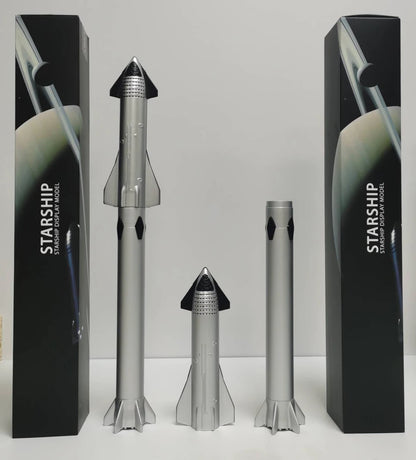 Model of SpaceX Starship Falcon 9 FH Block 5 and Starlink Super Heavy space rocket, displayed on a stand with detailed features