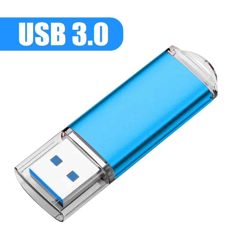 Blue 128GB USB 3.0 metal flash drive by BackupMyFilesNow.com, suitable for computers with 8GB to 128GB storage.