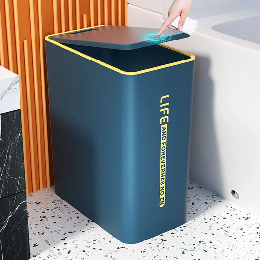Blue Smart Bathroom Trash Can with cover, touchless sensor, narrow design, luxury style, ideal for modern bathrooms.