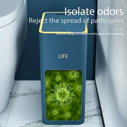 Blue 15L smart bathroom trash can with cover, touchless sensor, narrow design, luxury style, ideal for modern bathrooms.