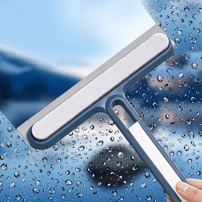 Blue silicone water wiper plate and glass cleaner scraper for car windshields, windows, bathroom, and kitchen surfaces.