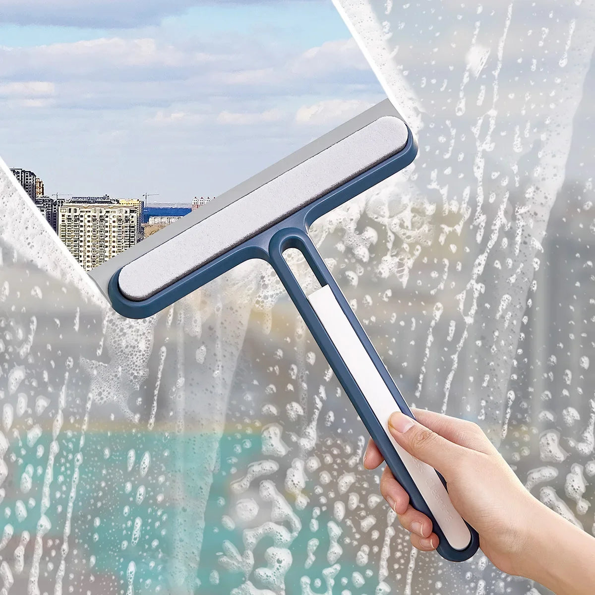 Blue silicone water wiper plate and glass cleaner scraper for car windshields, windows, bathroom, and kitchen surfaces.
