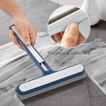 Blue silicone water wiper plate and glass cleaner scraper for car windshields, windows, bathroom, and kitchen surfaces.