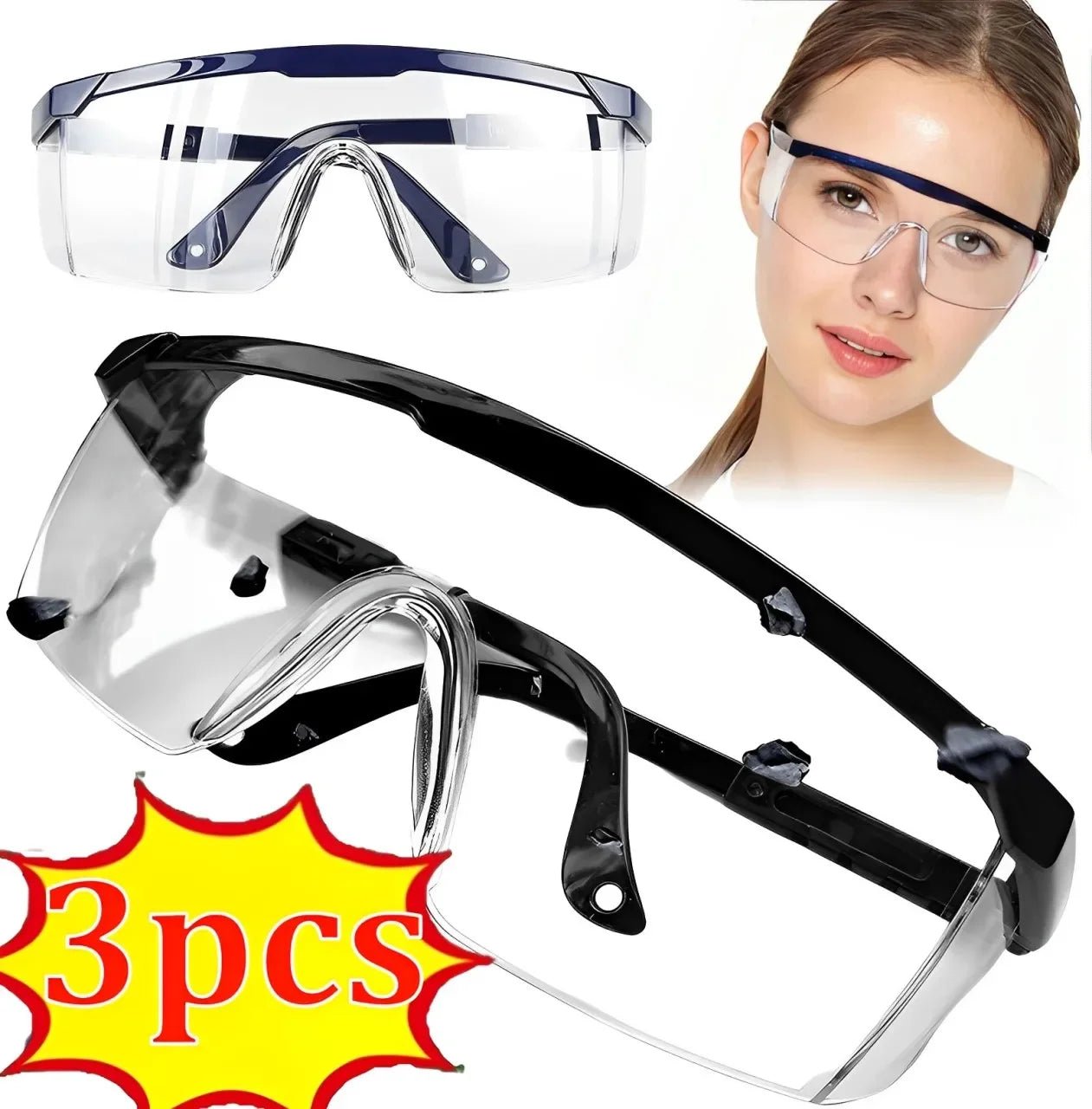 Set of three blue anti-splash safety goggles from BACKUPMYFILESNOW.COM® with protective lenses for lab, industrial, and cycling use.