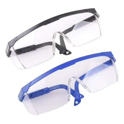 Set of three blue anti-splash safety glasses with protective lenses for lab work, industrial use, wind, dust, and cycling protection.