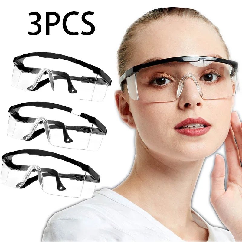 Set of three blue anti-splash safety glasses from BACKUPMYFILESNOW.COM®, designed for lab work, industrial protection, and cycling.