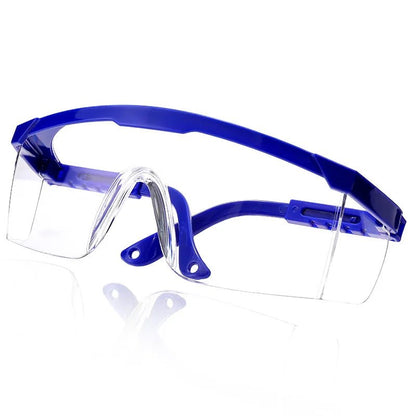 Set of three blue anti-splash safety glasses with protective lenses, ideal for lab work, industrial use, cycling, and dust protection.