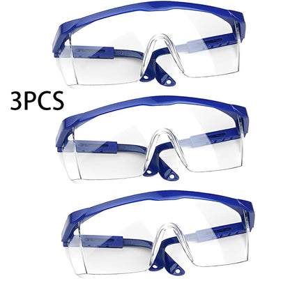 Set of three blue anti-splash safety glasses with protective lenses for lab work, industrial use, wind, dust, and cycling protection.