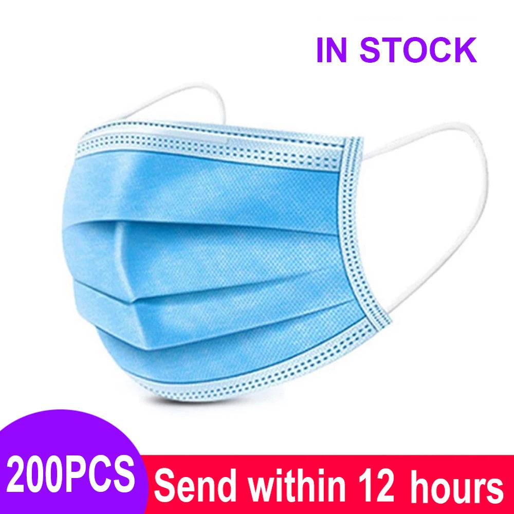 Blue disposable nonwoven 3-layer surgical face masks, homologated, with ear loops, designed for medical and everyday use.