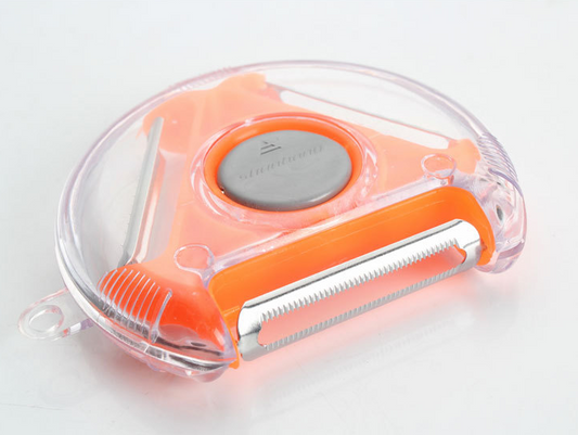Blue 3-in-1 rotating fruit peeler from BACKUPMYFILESNOW.COM® with ergonomic design for peeling, coring, and slicing fruits.