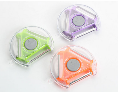 Blue 3-in-1 rotating fruit peeler from BACKUPMYFILESNOW.COM® with ergonomic handle and multiple peeling options.