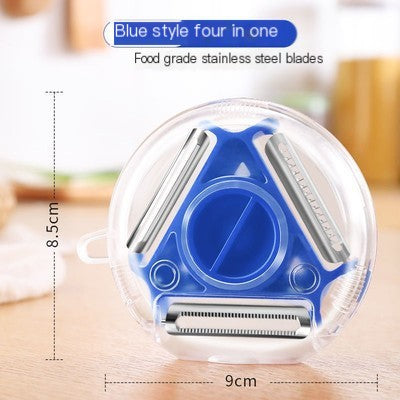 Blue 3-in-1 rotating fruit peeler by BACKUPMYFILESNOW.COM® with ergonomic handle and multiple peeling functions.