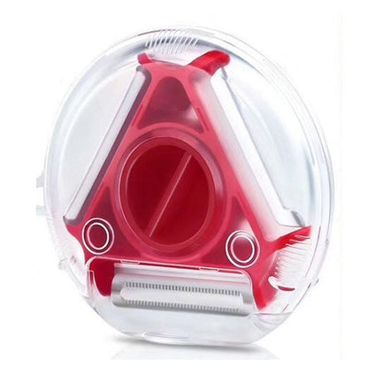 Blue 3-in-1 rotating fruit peeler from BACKUPMYFILESNOW.COM® with ergonomic handle and multiple peeling blades for versatile fruit prep.