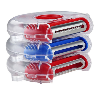 Blue 3-in-1 rotating fruit peeler from BACKUPMYFILESNOW.COM® with ergonomic handle and multiple peeling blades.