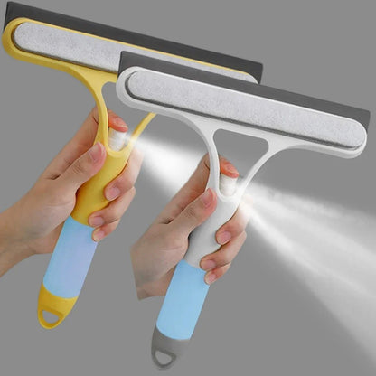 Blue 3-in-1 window cleaning squeegee with spray bottle, microfiber scrub, and handle for glass, mirror, and car cleaning.