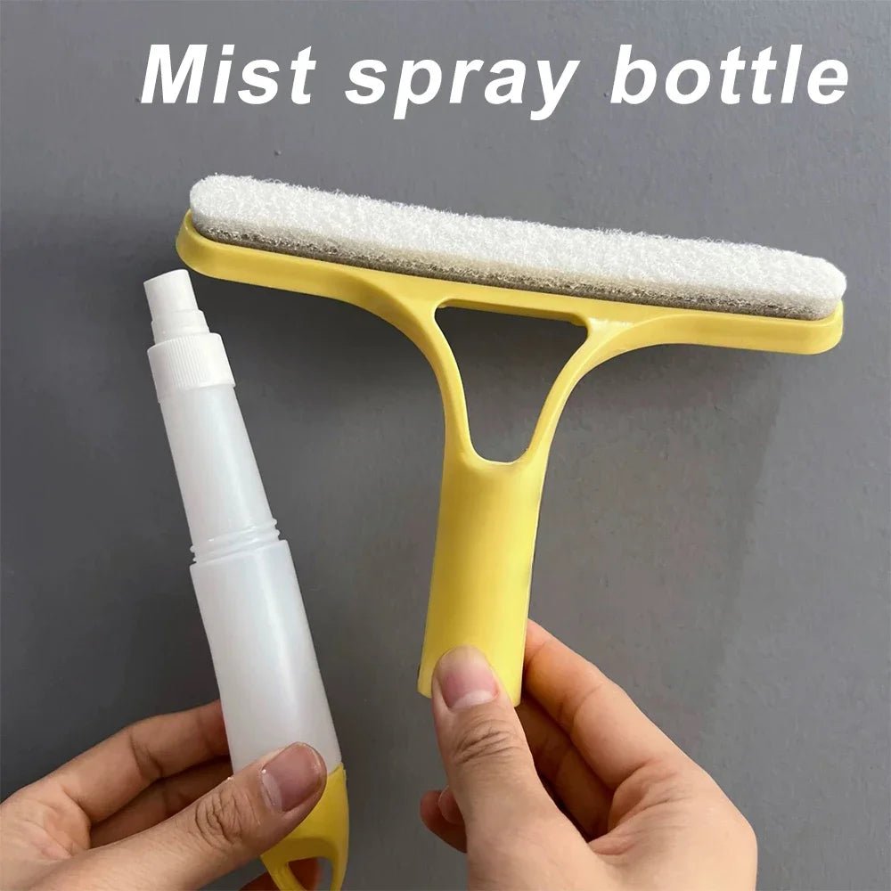 Blue 3-in-1 window cleaning squeegee with spray bottle, microfiber scrub pad, and handle for glass, mirror, and car cleaning.