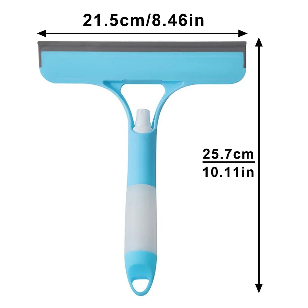 Blue 3-in-1 window cleaning squeegee with spray bottle, microfiber scrub pad, and handle for household and car glass cleaning.
