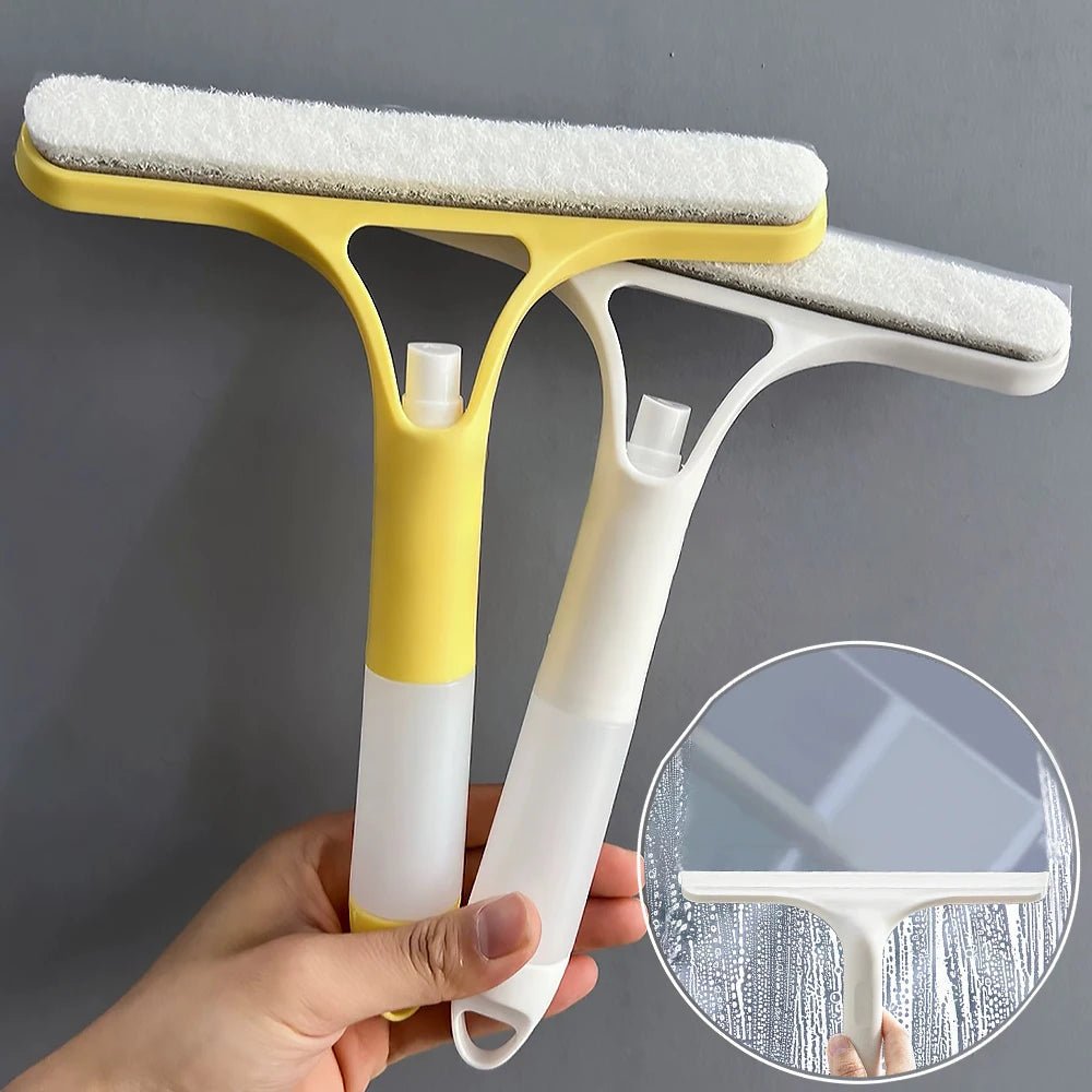 Blue 3-in-1 window cleaning squeegee with spray bottle, microfiber scrub pad, and mirror wiper for household and car cleaning.