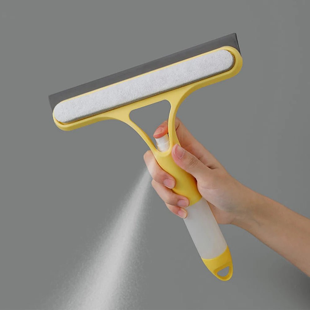 Blue 3-in-1 window cleaning squeegee with spray bottle, microfiber scrub pad, and multi-function glass and mirror cleaner tool.