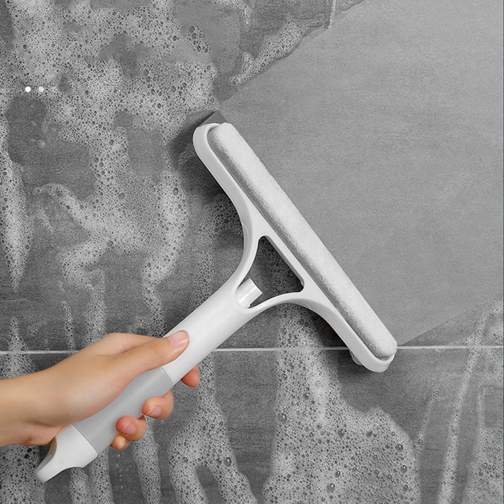 Blue 3-in-1 window cleaning squeegee with spray bottle and microfiber scrub pad, ideal for glass, mirrors, and household or car cleaning.